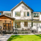 Classic home exterior with cement tile patio deck