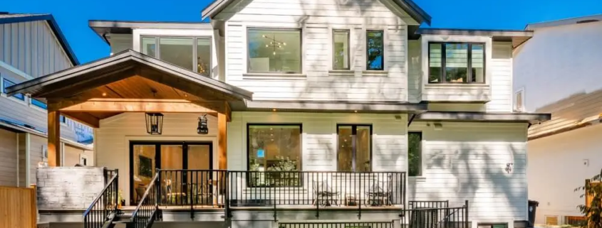 Classic home exterior with cement tile patio deck