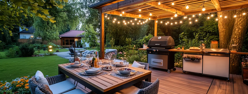 Beautifully designed backyard deck with pergola, string lights, outdoor dining table and grill in a lush metro Atlanta garden—showing the relaxing and family-friendly benefits of a well-planned outdoor living space.