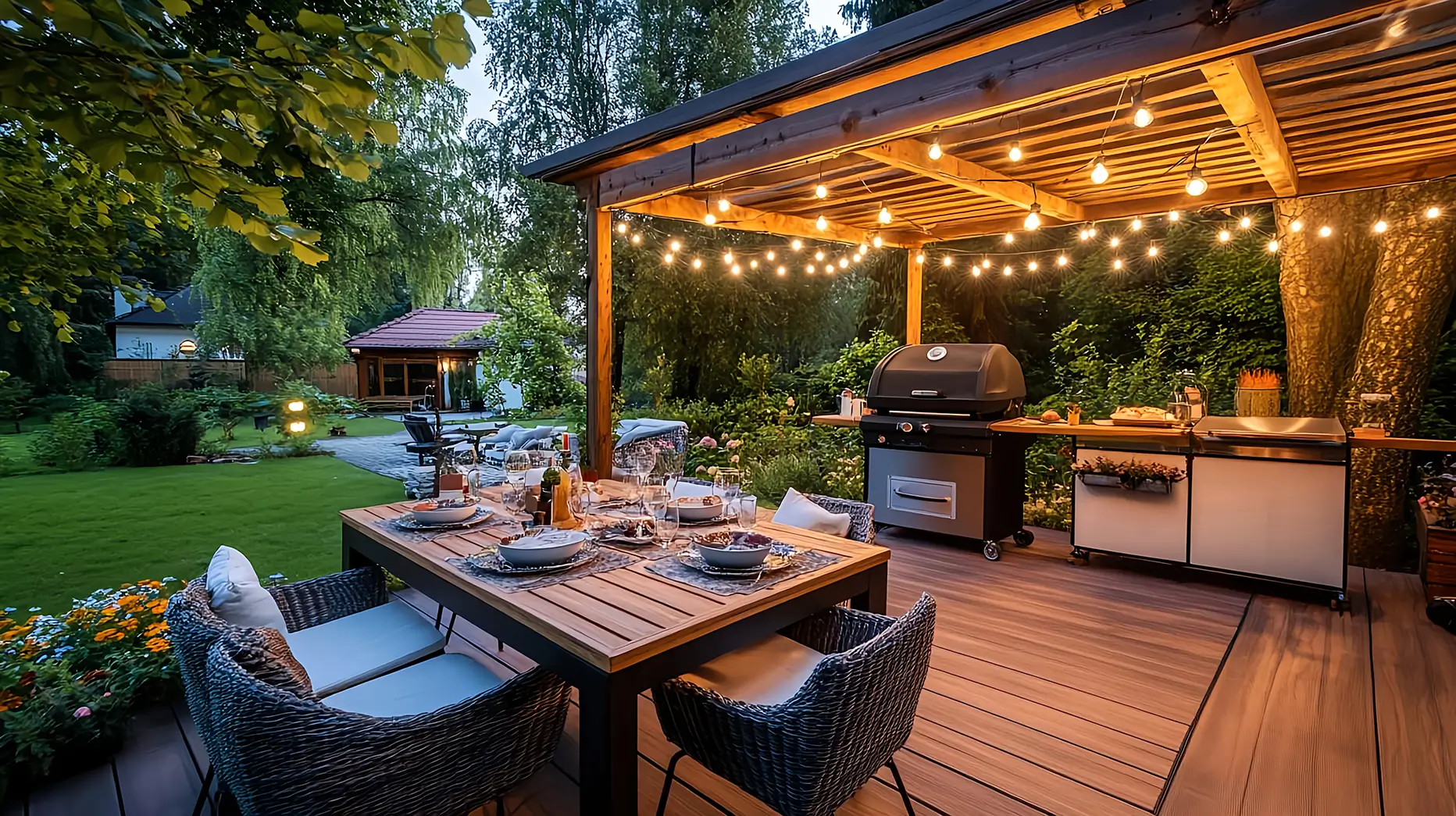 Beautifully designed backyard deck with pergola, string lights, outdoor dining table and grill in a lush metro Atlanta garden—showing the relaxing and family-friendly benefits of a well-planned outdoor living space.